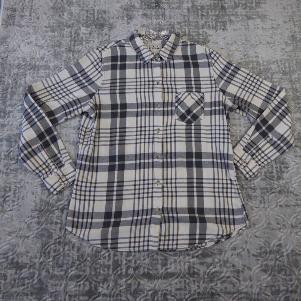 Field And Stream Shirt Women's Large White Gray Plaid Light Flannel Outdoors